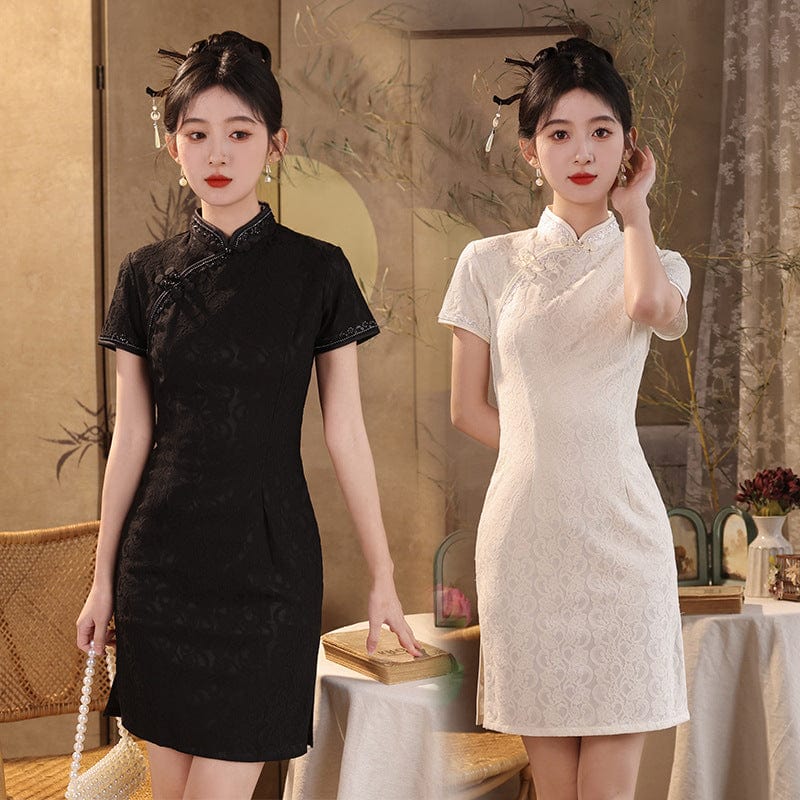 Beth and Brian Qipao-JFX Floral pattern, lace short Cheongsam