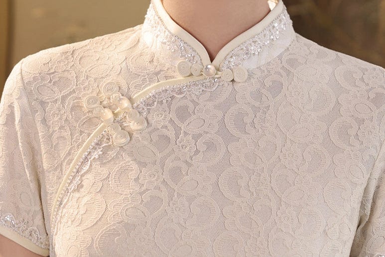 Beth and Brian Qipao-JFX Floral pattern, lace short Cheongsam