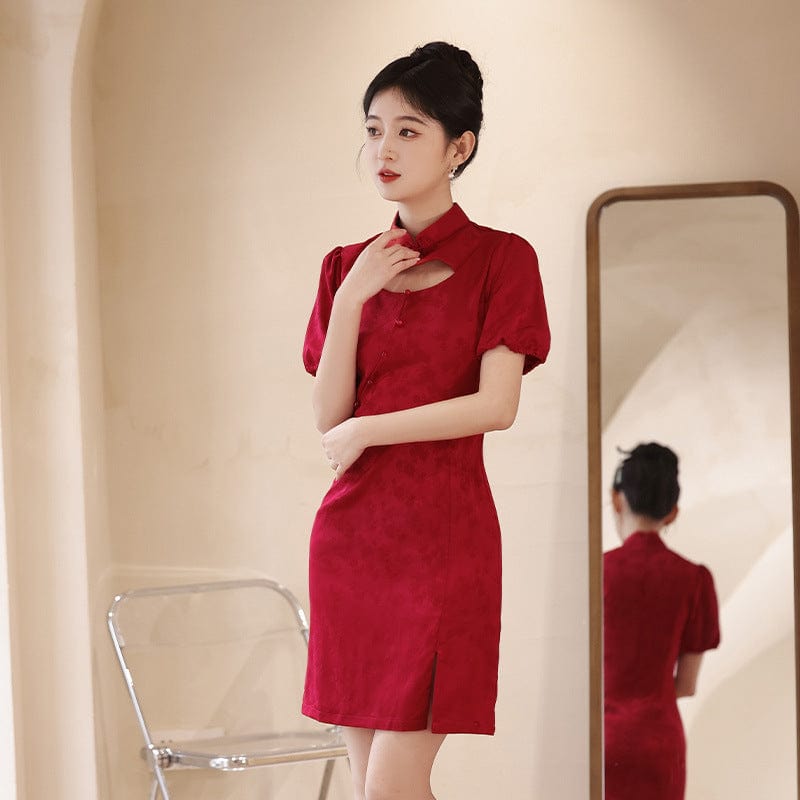 Beth and Brian Qipao-JFX Summer collection, floral jacquard short Cheongsam