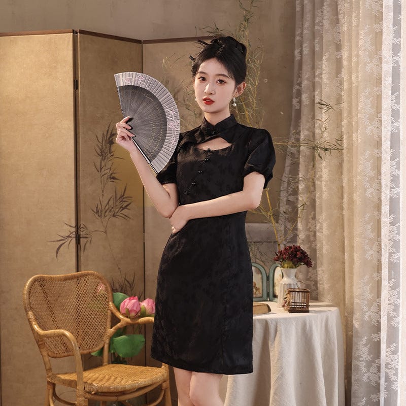 Beth and Brian Qipao-JFX Summer collection, floral jacquard short Cheongsam