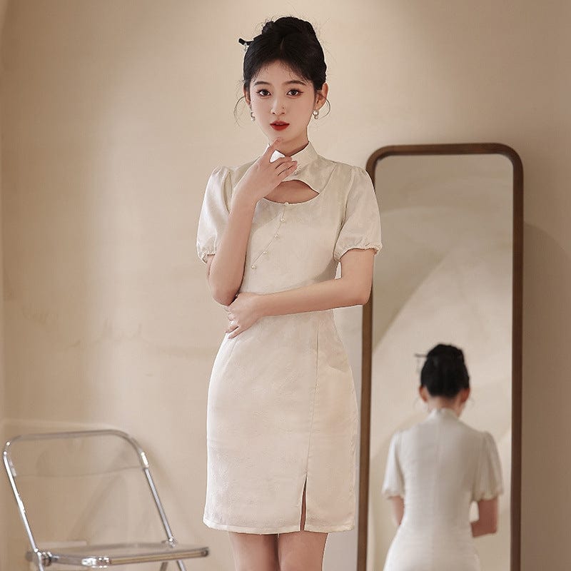 Beth and Brian Qipao-JFX Summer collection, floral jacquard short Cheongsam
