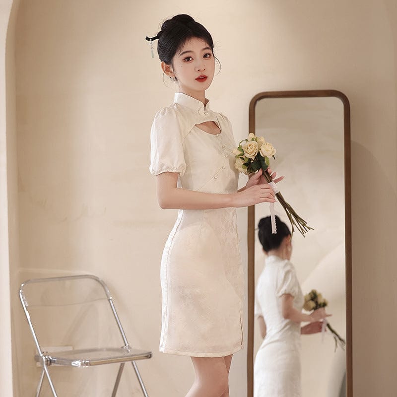 Beth and Brian Qipao-JFX Summer collection, floral jacquard short Cheongsam