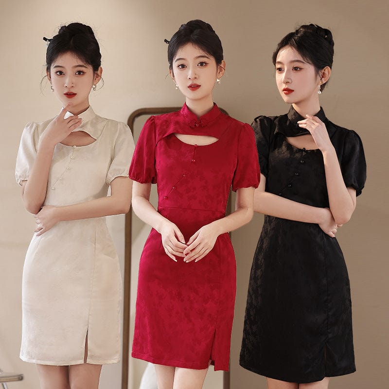 Beth and Brian Qipao-JFX Summer collection, floral jacquard short Cheongsam