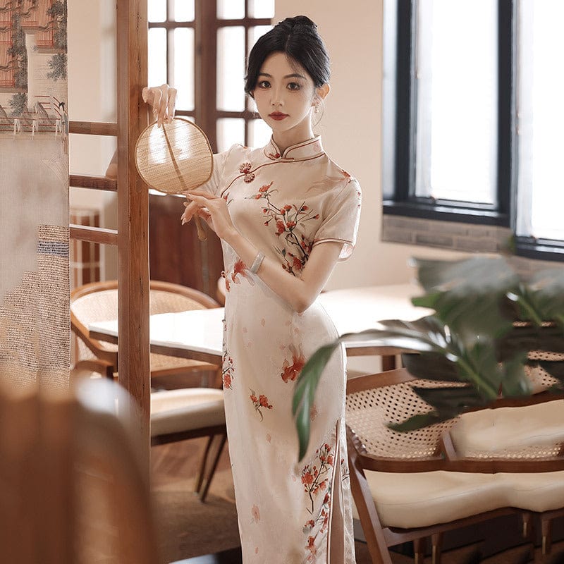 Beth and Brian Qipao-ZQYS Koi fish, beige midi Cheongsam
