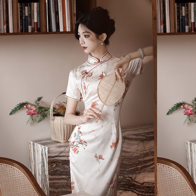 Beth and Brian Qipao-ZQYS Koi fish, beige midi Cheongsam