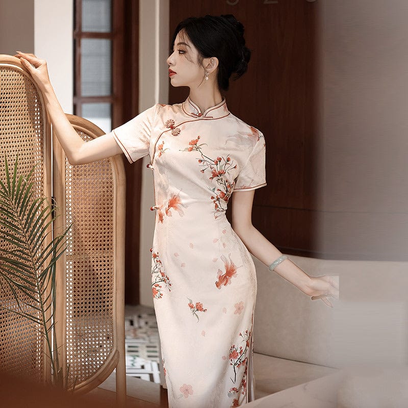Beth and Brian Qipao-ZQYS Koi fish, beige midi Cheongsam
