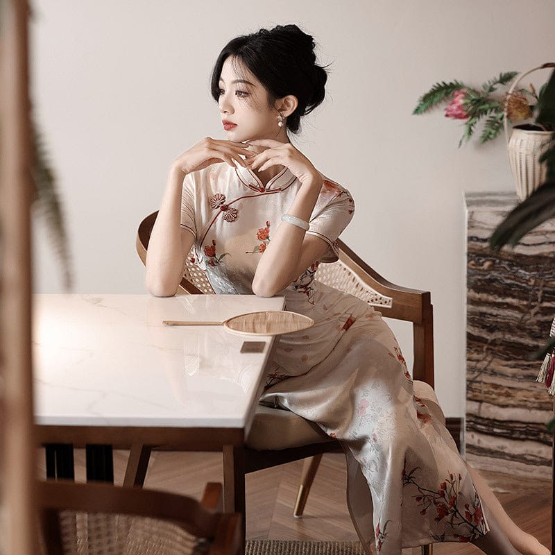 Beth and Brian Qipao-ZQYS Koi fish, beige midi Cheongsam