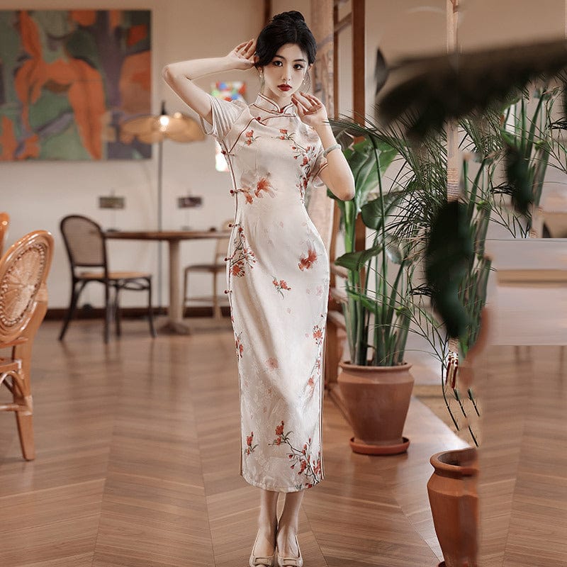 Beth and Brian Qipao-ZQYS Koi fish, beige midi Cheongsam