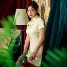 Beth and Brian Qipao-ZQYS Floral pattern, lace beige short Cheongsam