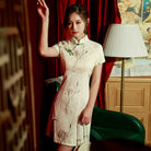 Beth and Brian Qipao-ZQYS Floral pattern, lace beige short Cheongsam