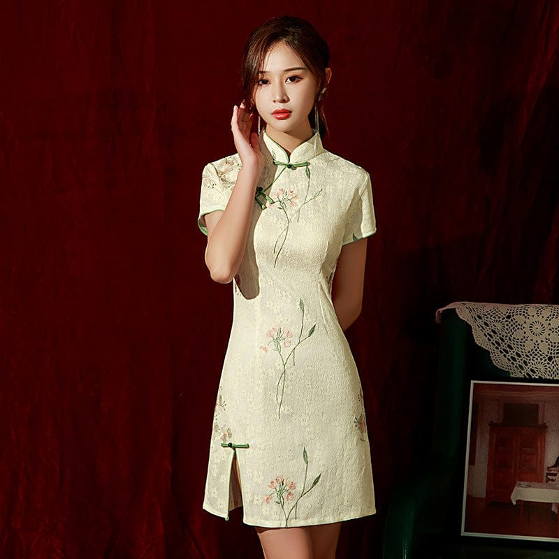 Beth and Brian Qipao-ZQYS Floral pattern, lace beige short Cheongsam