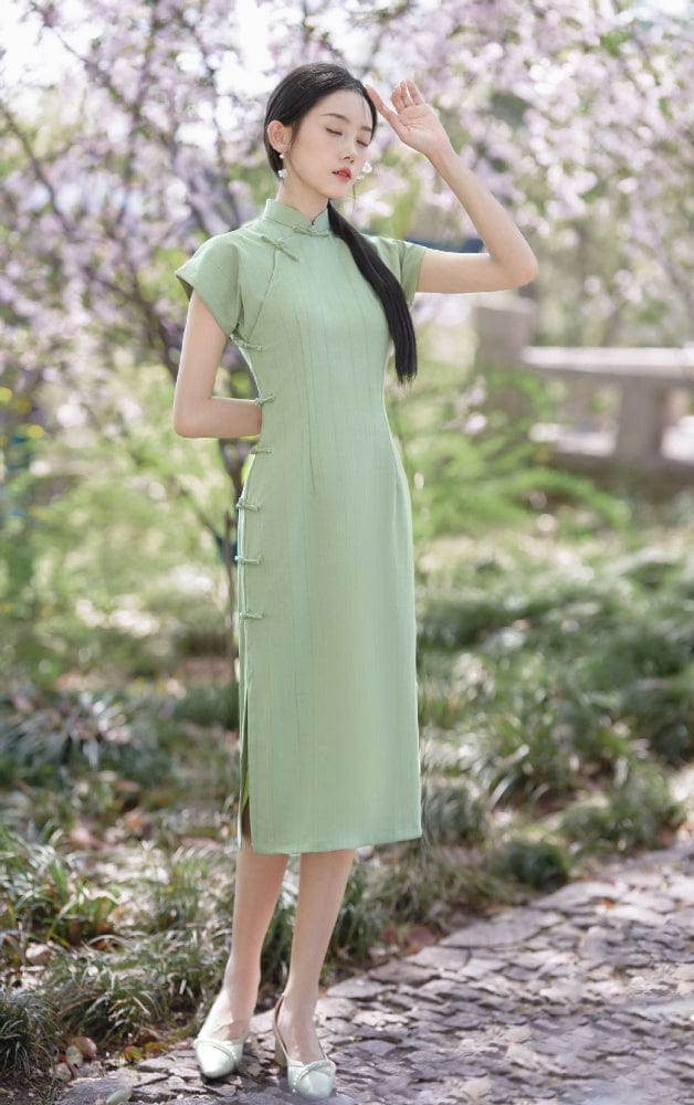 Beth and Brian Qipao - HQJ Stripe pattern, cotton mid-length Cheongsam