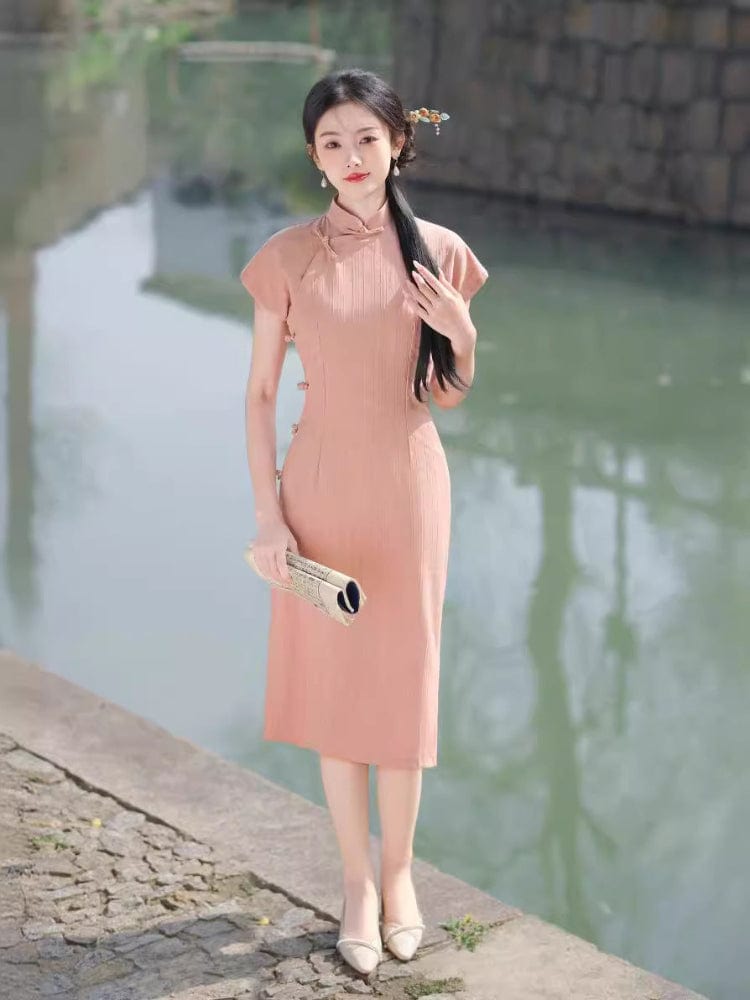 Beth and Brian Qipao - HQJ Stripe pattern, cotton mid-length Cheongsam