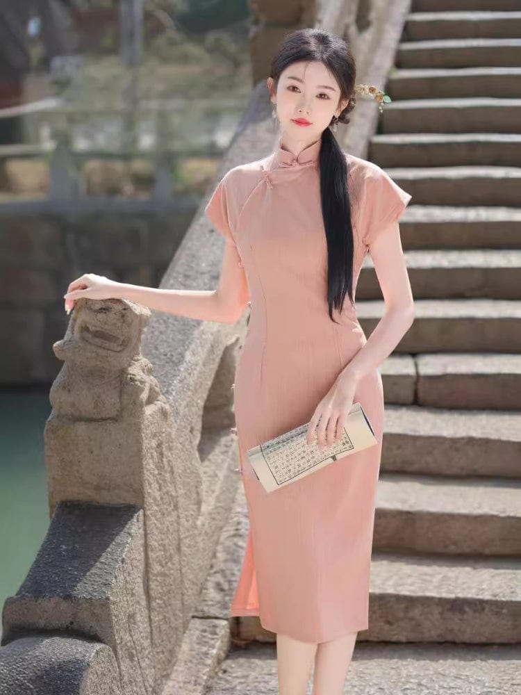 Beth and Brian Qipao - HQJ Stripe pattern, cotton mid-length Cheongsam