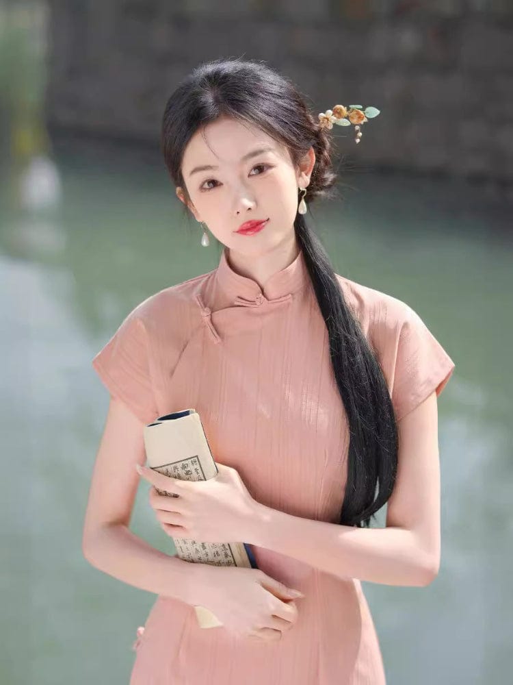Beth and Brian Qipao - HQJ Stripe pattern, cotton mid-length Cheongsam