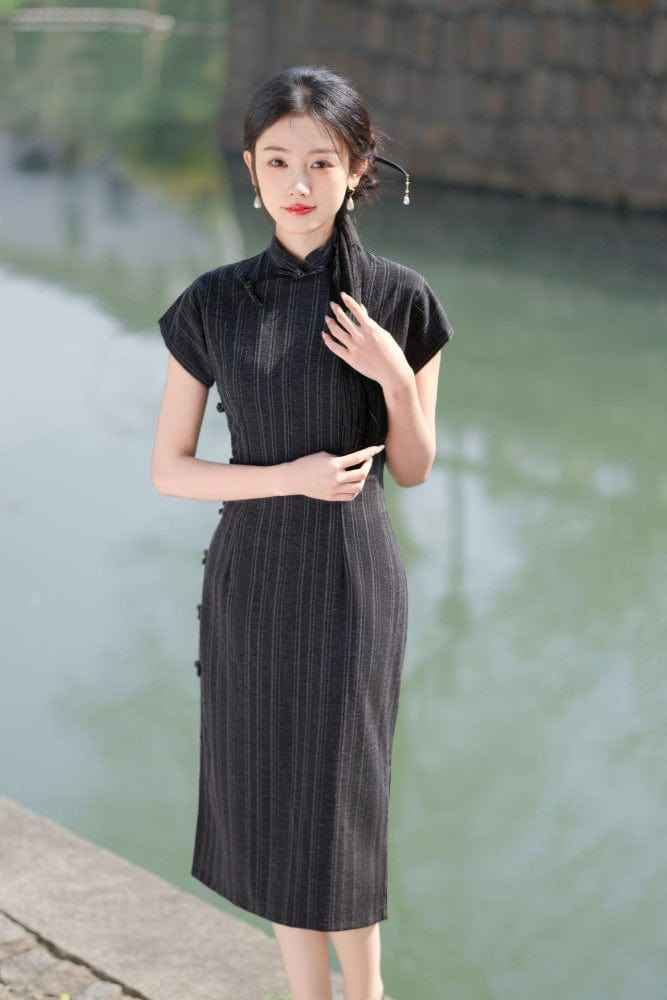 Beth and Brian Qipao - HQJ Stripe pattern, cotton mid-length Cheongsam