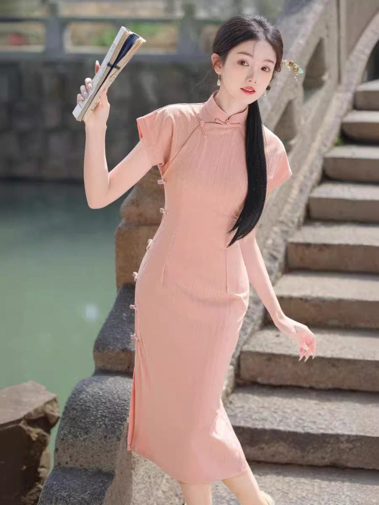 Beth and Brian Qipao - HQJ Stripe pattern, cotton mid-length Cheongsam