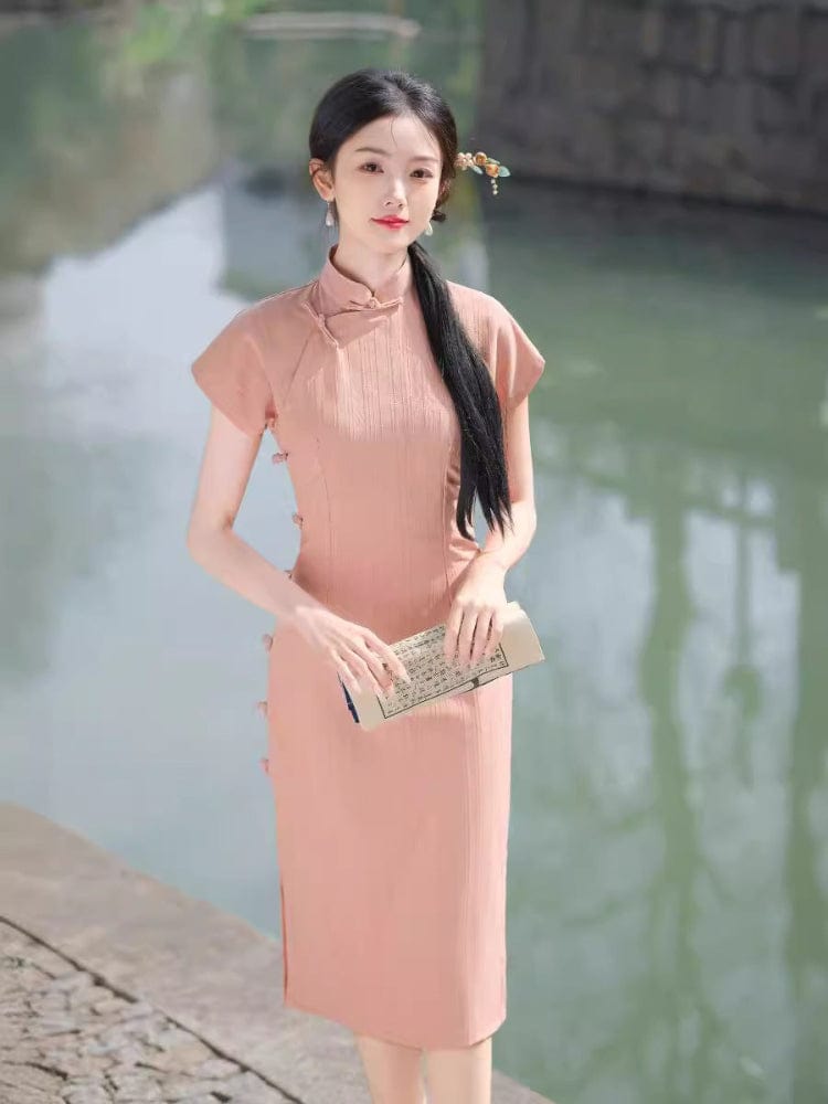 Beth and Brian Qipao - HQJ Stripe pattern, cotton mid-length Cheongsam