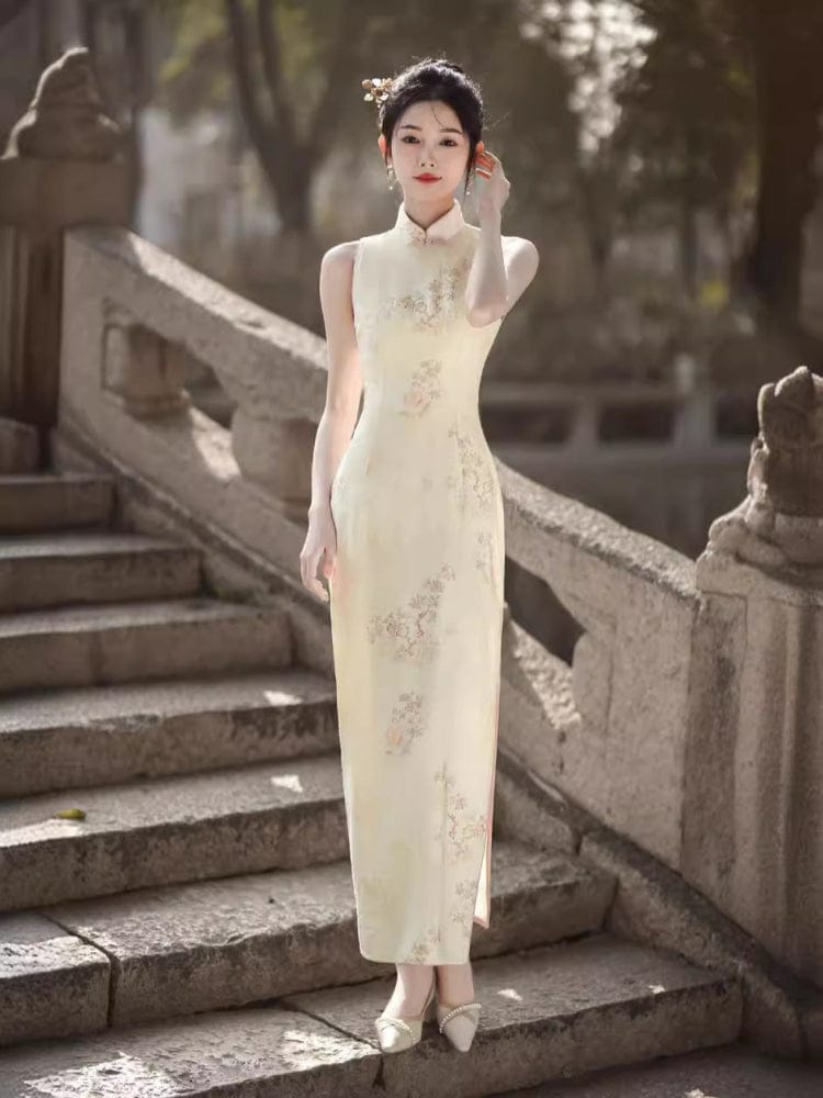 Beth and Brian Qipao - HQJ Floral pattern, silk hemp long Cheongsam