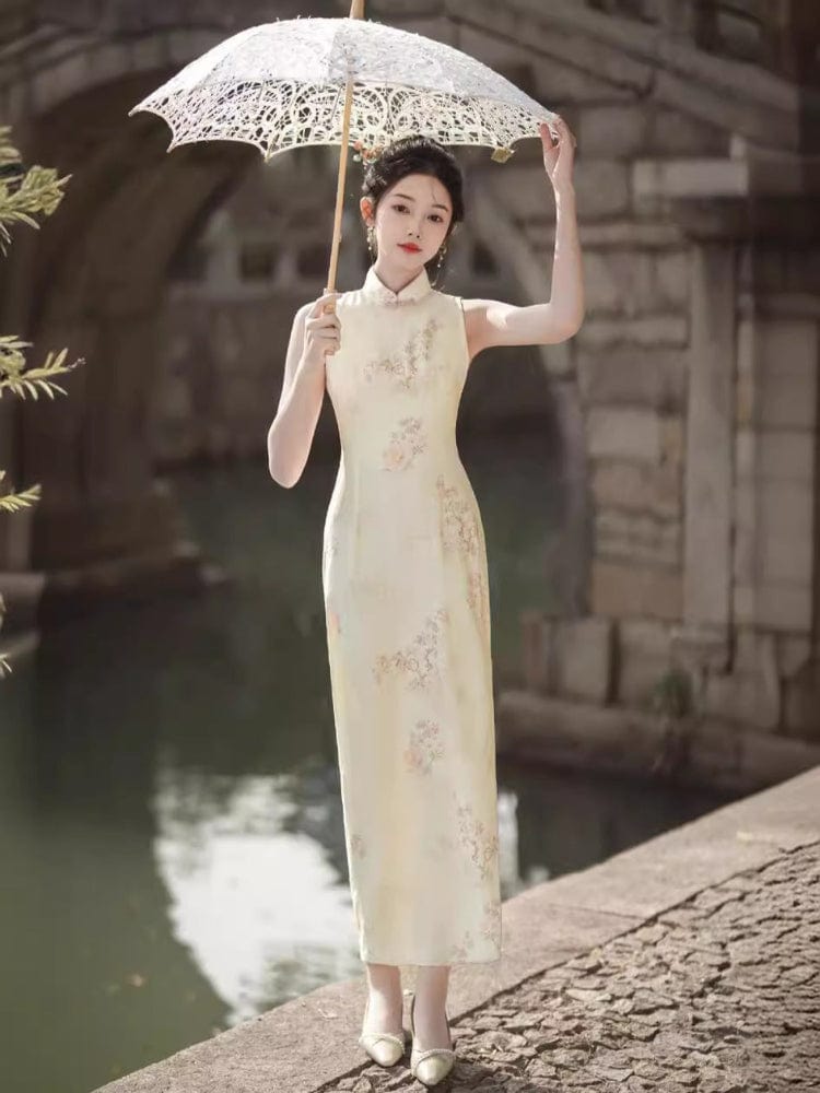 Beth and Brian Qipao - HQJ Floral pattern, silk hemp long Cheongsam
