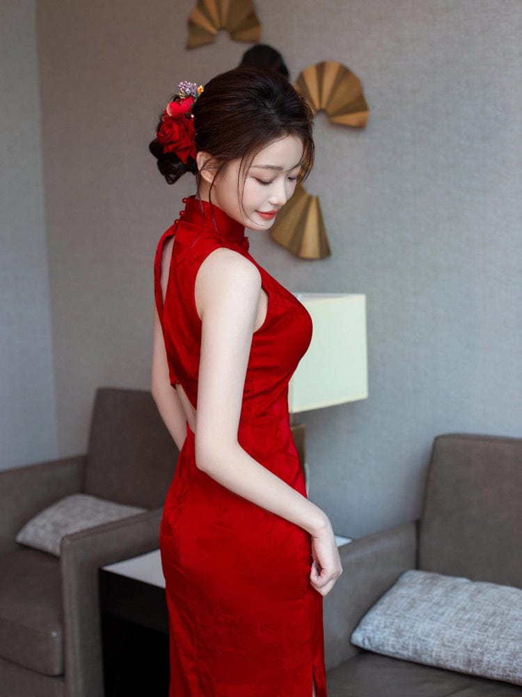 Beth and Brian Qipao-SR New Chinese style (新中式), sleeveless red midi Cheongsam