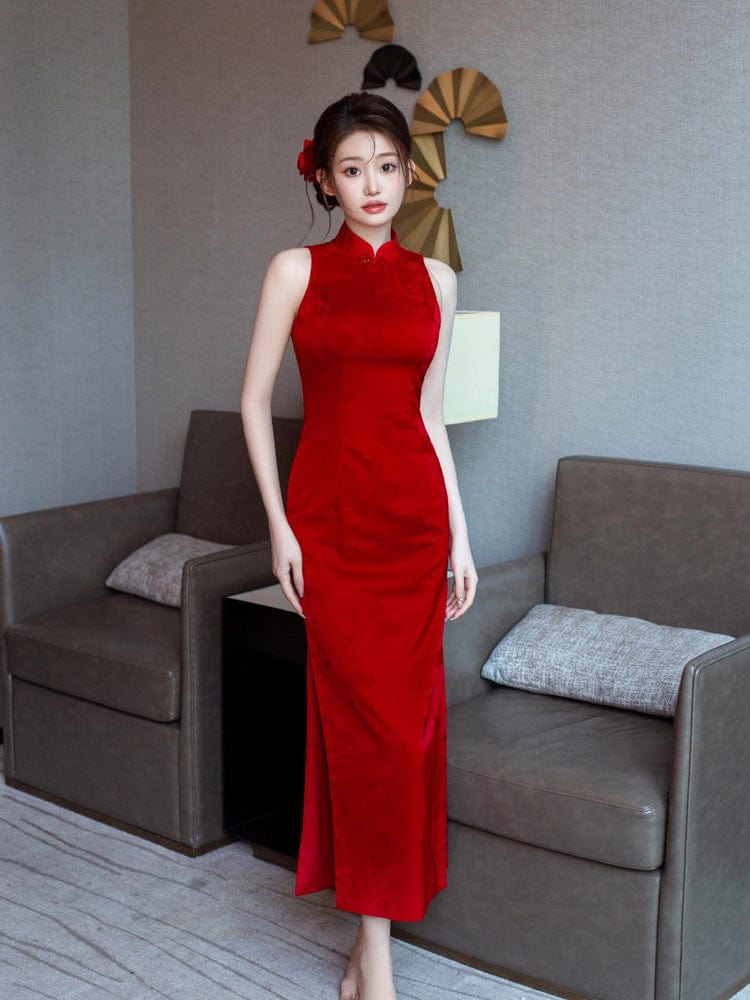 Beth and Brian Qipao-SR New Chinese style (新中式), sleeveless red midi Cheongsam