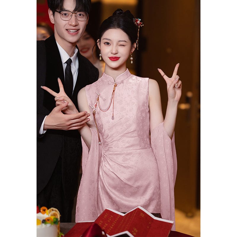 Beth and Brian Qipao-JMX New Chinese style (新中式), jacquard red midi Cheongsam