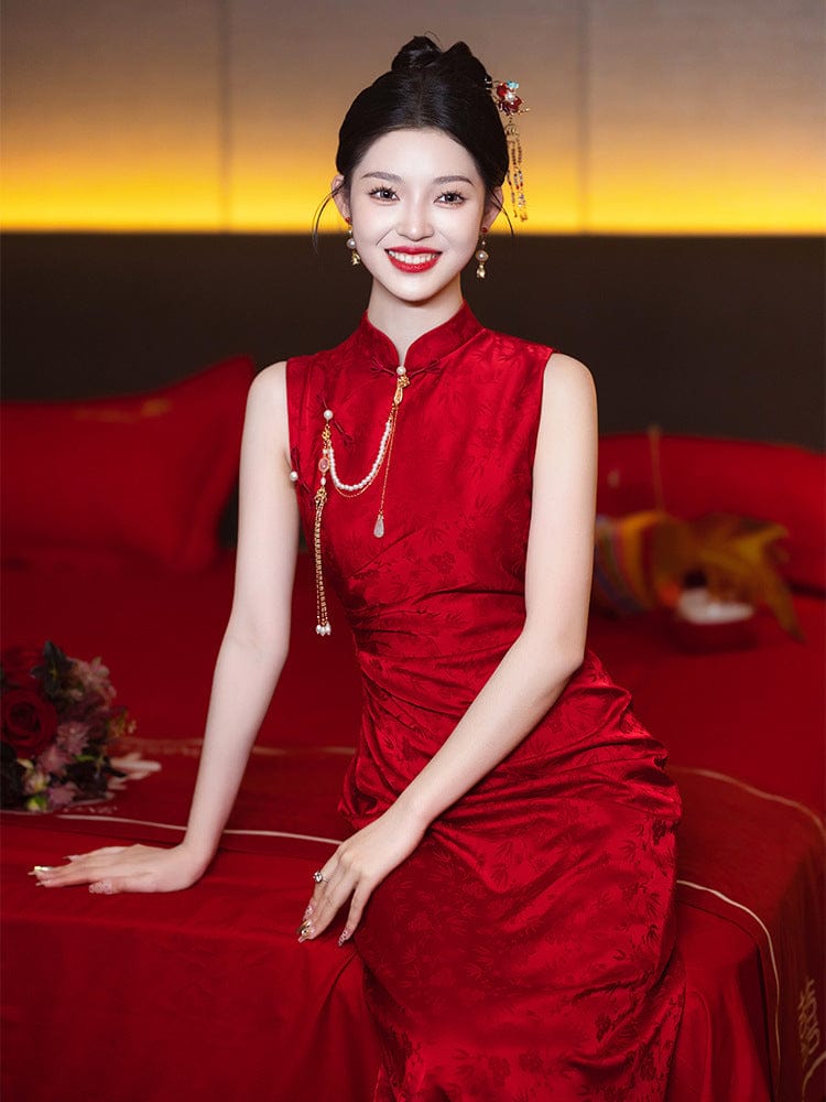 Beth and Brian Qipao-JMX New Chinese style (新中式), jacquard red midi Cheongsam