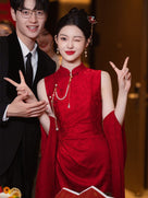 Beth and Brian Qipao-JMX New Chinese style (新中式), jacquard red midi Cheongsam