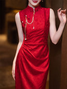 Beth and Brian Qipao-JMX New Chinese style (新中式), jacquard red midi Cheongsam