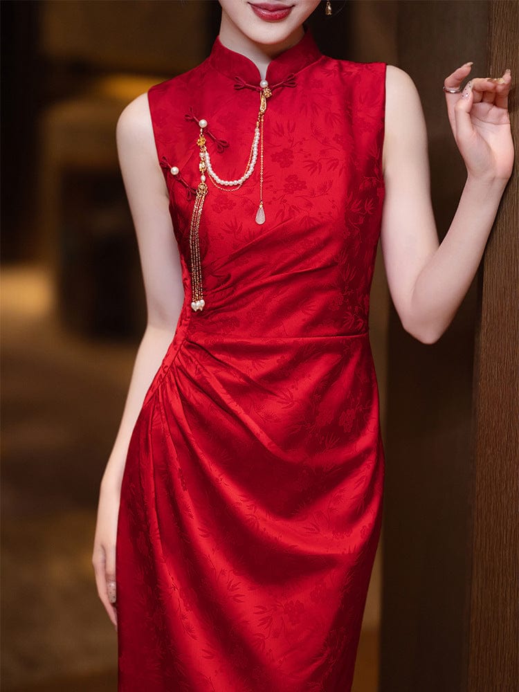Beth and Brian Qipao-JMX New Chinese style (新中式), jacquard red midi Cheongsam