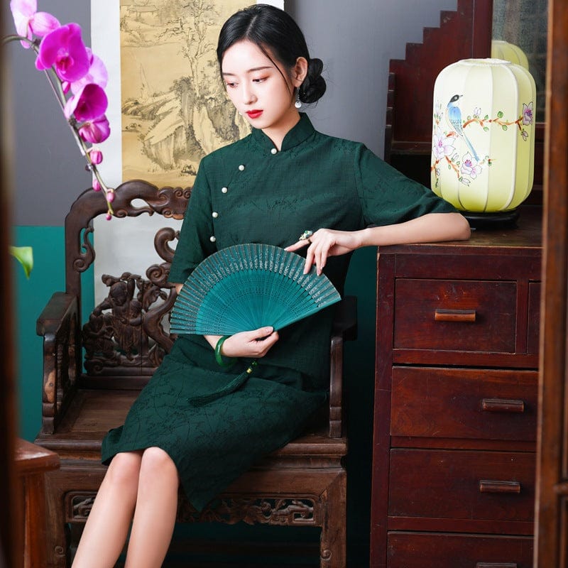 Beth and Brian Qipao - HQJ Classic style, cotton&linen midi Cheongsam