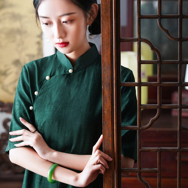 Beth and Brian Qipao - HQJ Classic style, cotton&linen midi Cheongsam