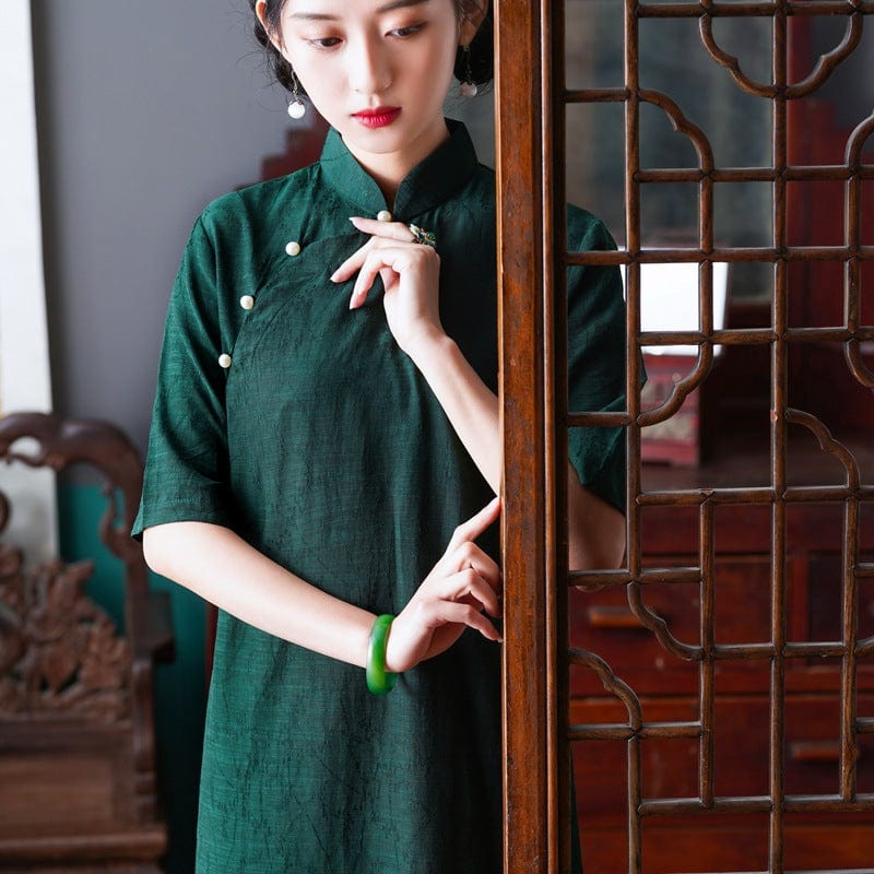 Beth and Brian Qipao - HQJ Classic style, cotton&linen midi Cheongsam