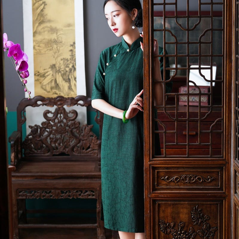 Beth and Brian Qipao - HQJ Classic style, cotton&linen midi Cheongsam