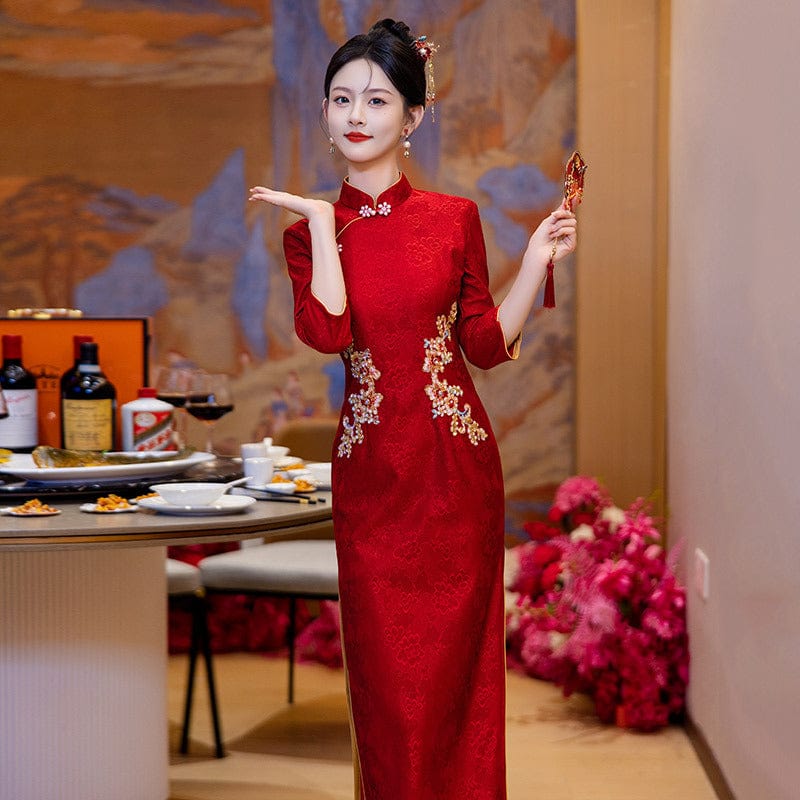 Beth and Brian Qipao-ZQYS Lace fabric, wedding red midi Cheongsam