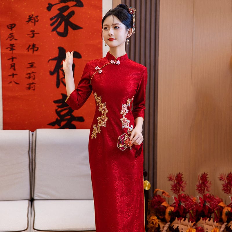 Beth and Brian Qipao-ZQYS Lace fabric, wedding red midi Cheongsam