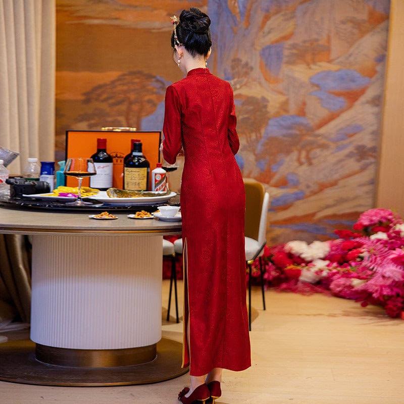 Beth and Brian Qipao-ZQYS Lace fabric, wedding red midi Cheongsam