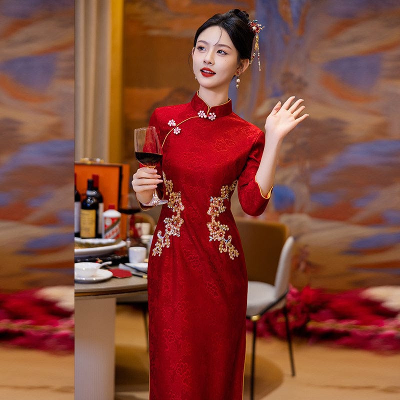 Beth and Brian Qipao-ZQYS Lace fabric, wedding red midi Cheongsam