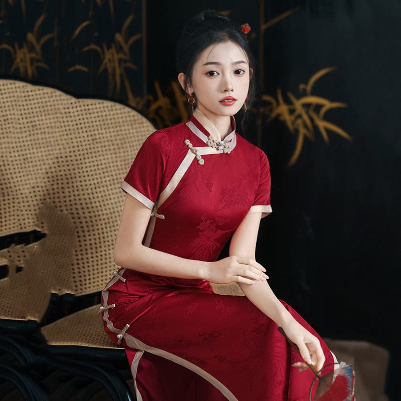 Beth and Brian Qipao-ZQYS Leaf print, jacquard midi Cheongsam