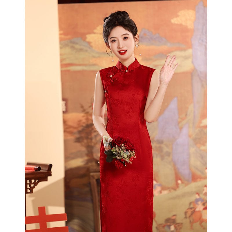 Beth and Brian Qipao-SH Sleeveless, wedding red midi Cheongsam