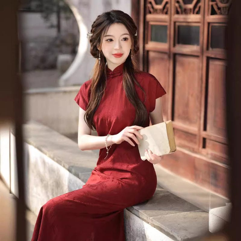 Beth and Brian Qipao-XH Floral pattern, wine red midi Cheongsam