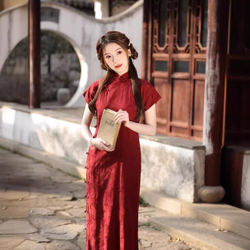 Beth and Brian Qipao-XH Floral pattern, wine red midi Cheongsam