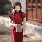 Beth and Brian Qipao-XH Floral pattern, wine red midi Cheongsam