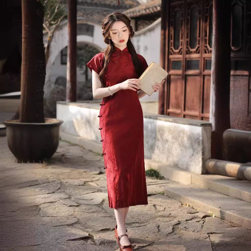 Beth and Brian Qipao-XH Floral pattern, wine red midi Cheongsam