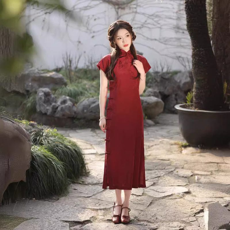 Beth and Brian Qipao-XH Floral pattern, wine red midi Cheongsam