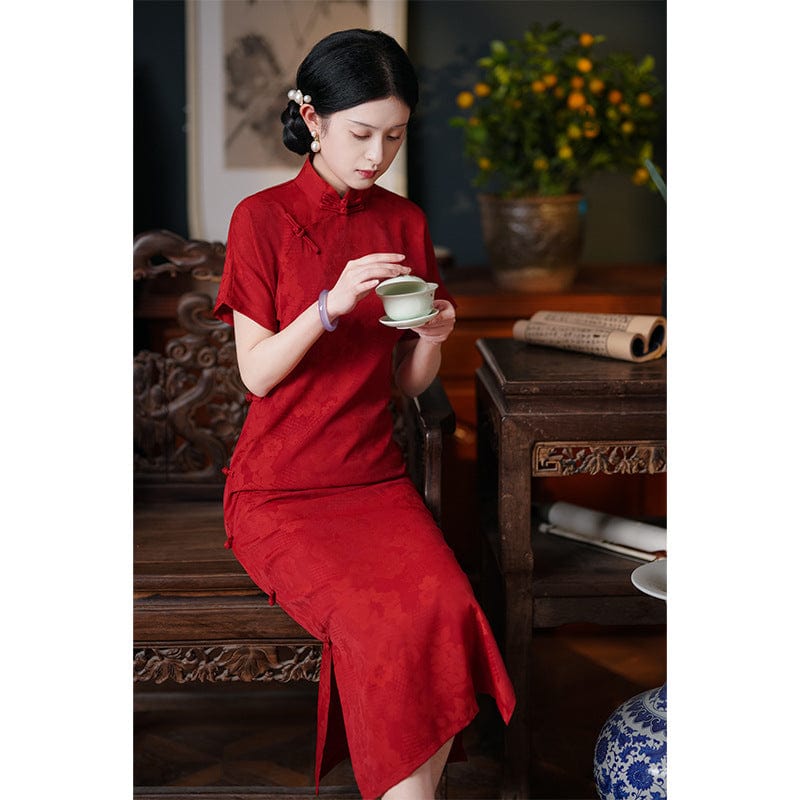 Beth and Brian Qipao-LSB Floral pattern, jacquard silk midi Cheongsam