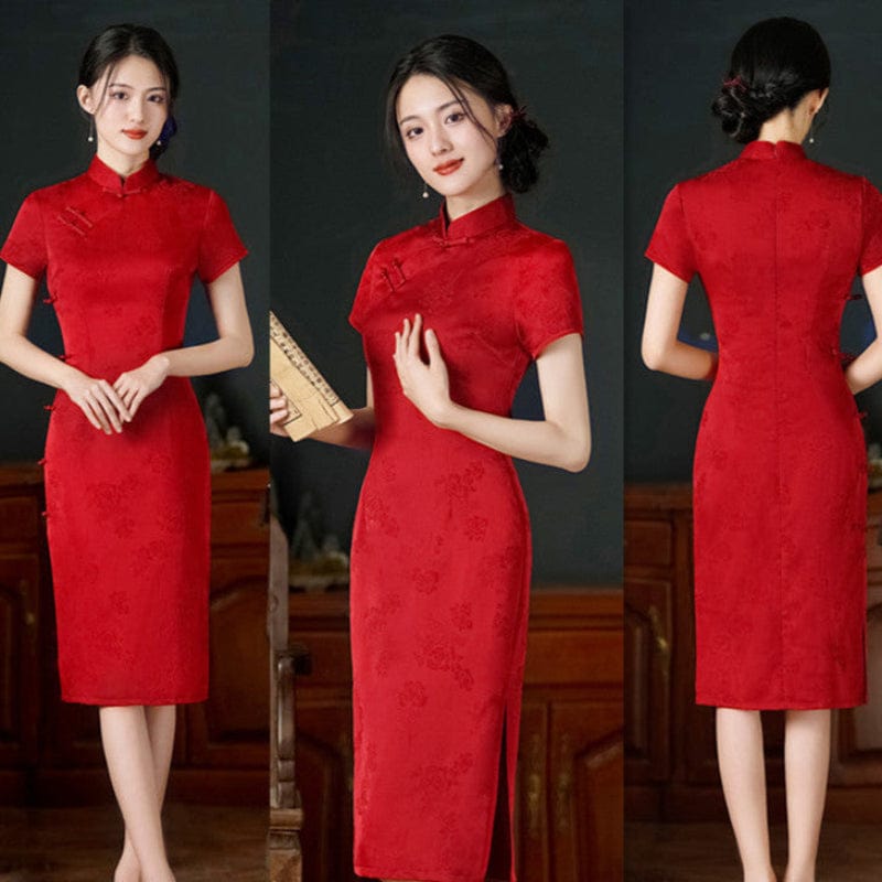 Beth and Brian Qipao-SYK Floral pattern, acetate fabric, midi plus size Cheongsam