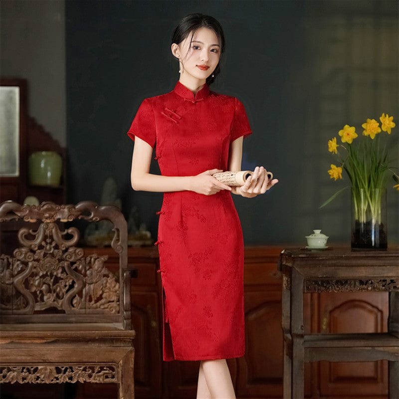Beth and Brian Qipao-SYK Floral pattern, acetate fabric, midi plus size Cheongsam