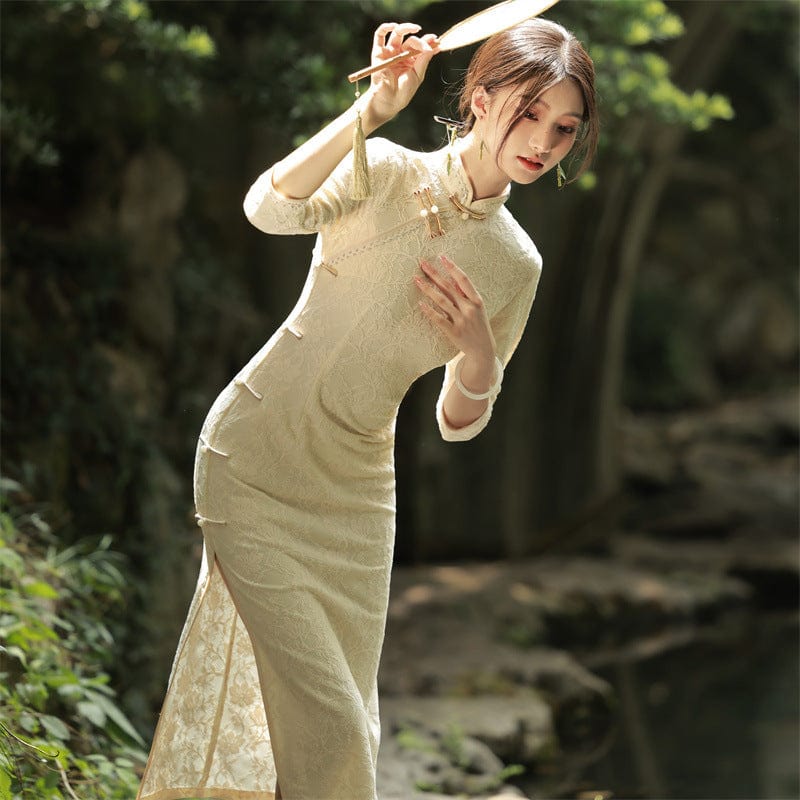 Beth and Brian Qipao - JN Spring collection, lace fabric, beige midi Cheongsam